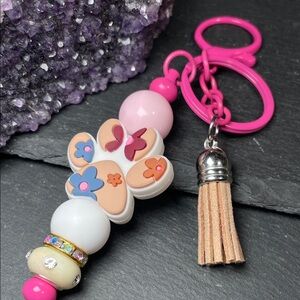 Hot Pink Floral Paw Artisan Bead Keychain with Tan Tassel